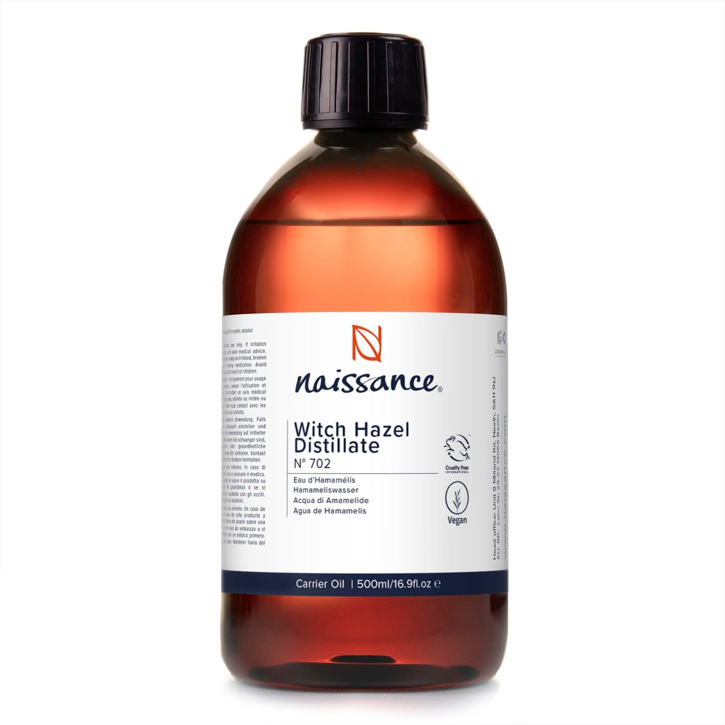Naissance Distilled Witch Hazel (no. 702) 500ml - Pure, Natural, Cruelty Free, Vegan - Cleansing & Toning - Aromatherapy, Skincare and DIY Beauty Recipes
