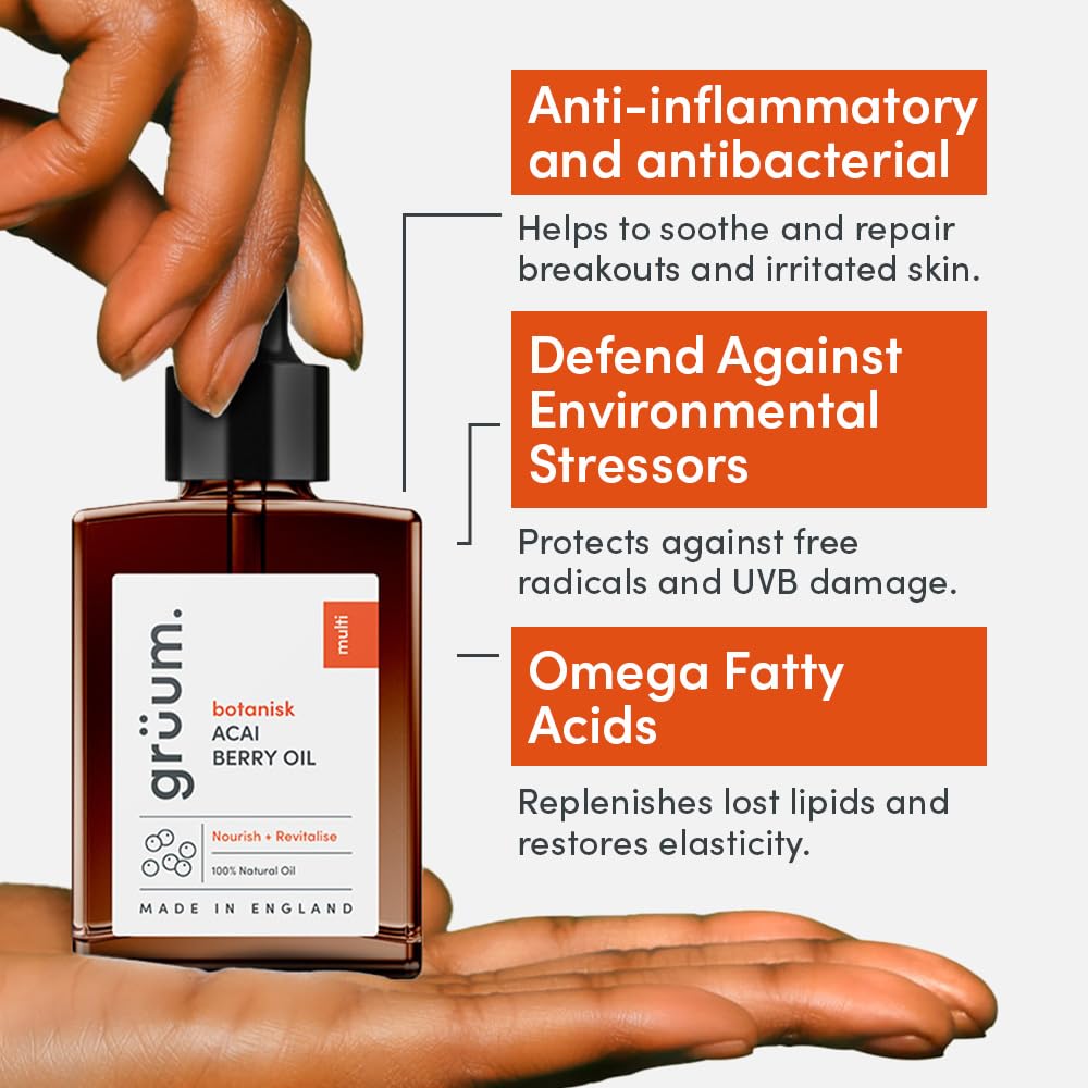 grüum Acai Berry Face Oil 30ml - 100% Natural Anti-ageing Vitamin E Oil for Skin with Vitamin A & C for Women & Men - Made in the UK