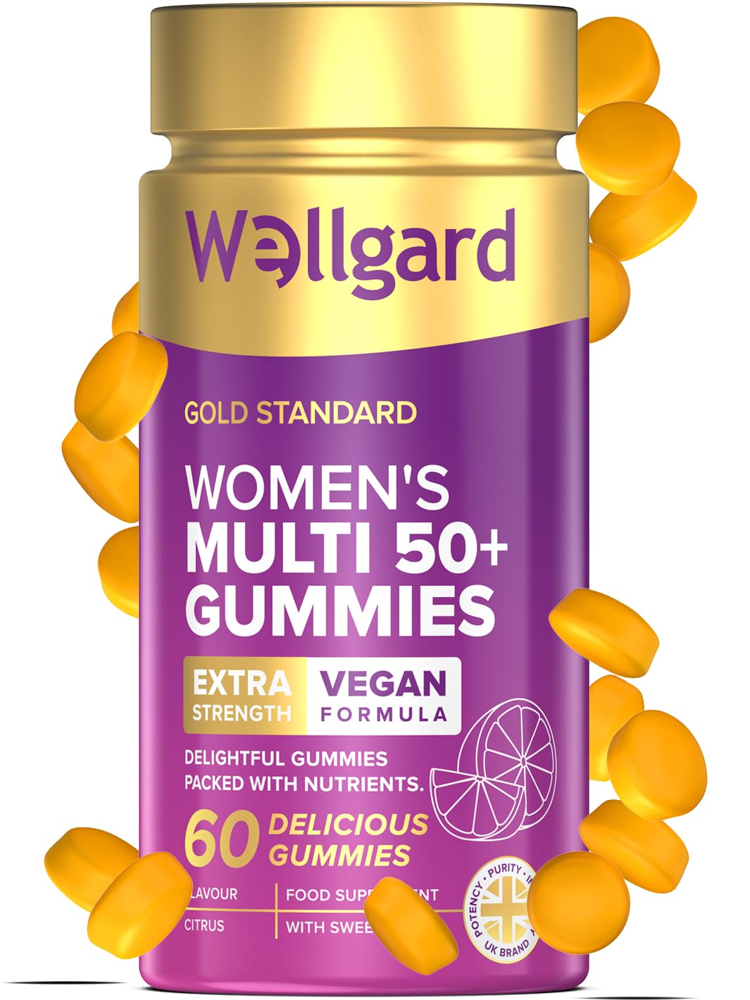 Wellgard Multivitamins for Women Over 50, Vegan Gummies, No Iron, with Vitamin D, B12, Calcium & Zinc for Bone, Immune & Energy Support, Chewable Womens Multivitamins 50 Plus, 60 Gummies