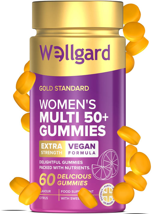Wellgard Multivitamins for Women Over 50, Vegan Gummies, No Iron, with Vitamin D, B12, Calcium & Zinc for Bone, Immune & Energy Support, Chewable Womens Multivitamins 50 Plus, 60 Gummies