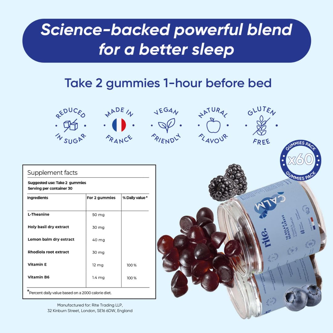 Rite Calm Gummies, Sleep Aid, Melatonin Alternative, Relaxation, Vegan, Natural Adaptogenic Botanicals, L-Theanine, Lemon Balm, Berries Flavour (60 Count,1 Month)