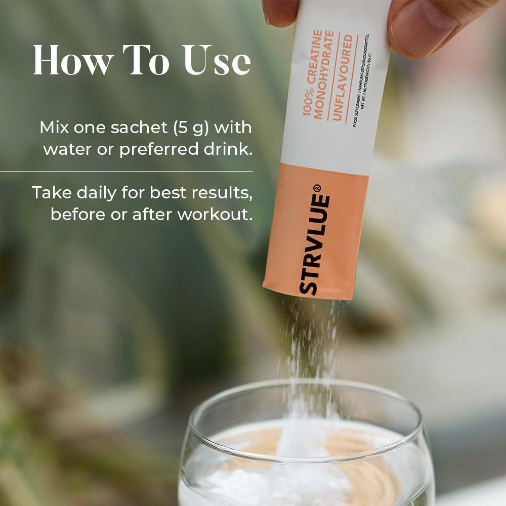 STRVLUE 100% Pure Lab Tested Creatine Monohydrate Powder | 30x5g Travel Sachets | Ultra‑Fine Micronised | Unflavoured | Supports Muscle Growth, Strength, Recovery & Performance, Cognition | for Men & Women