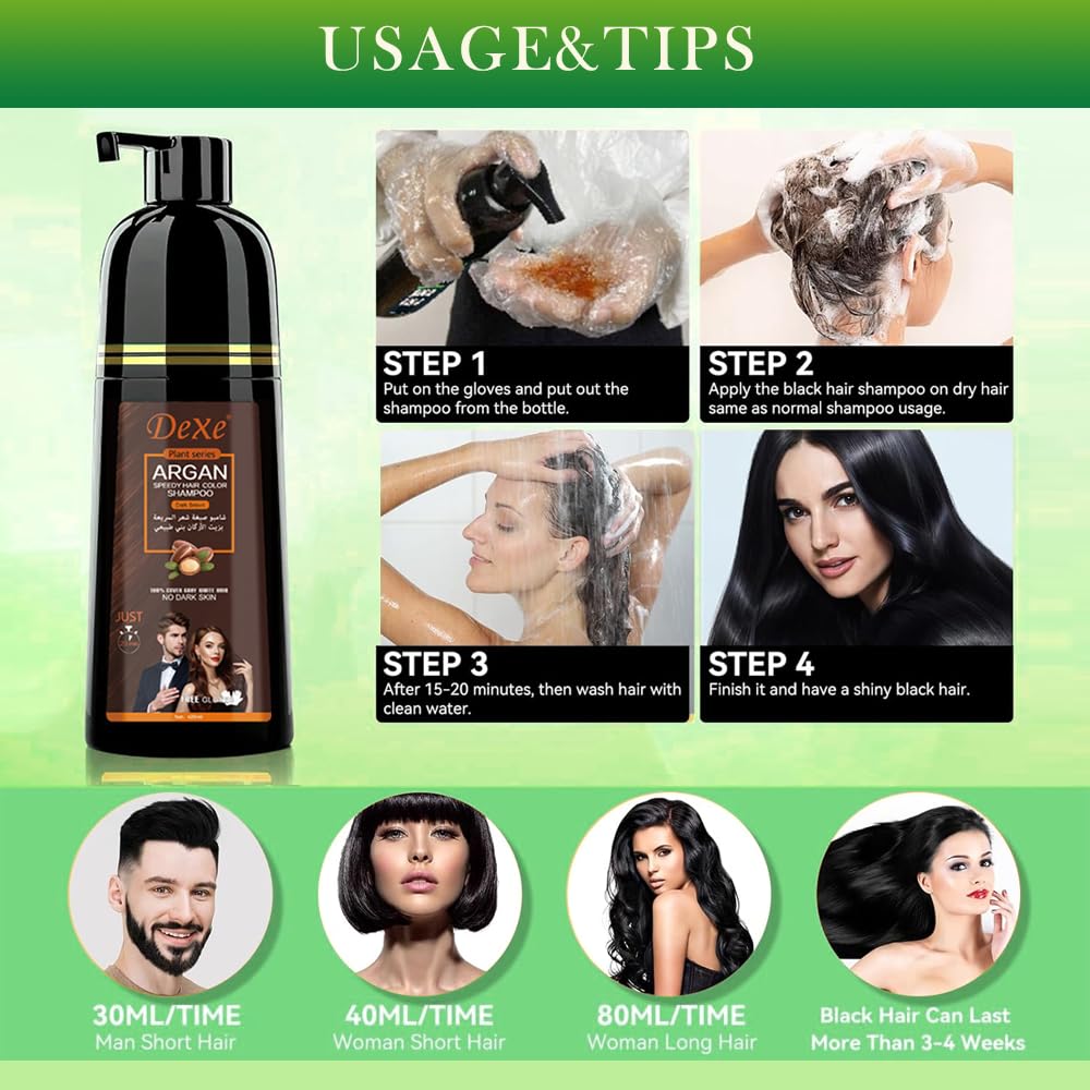 JRTTOSSE Instant Black Hair Shampoo 420ml - Semi-Permanent Black Hair Dye shampoo for Natural Hair, Lasts 30 Days, Fast Acting Formula for Men & Women (Dark Brown)