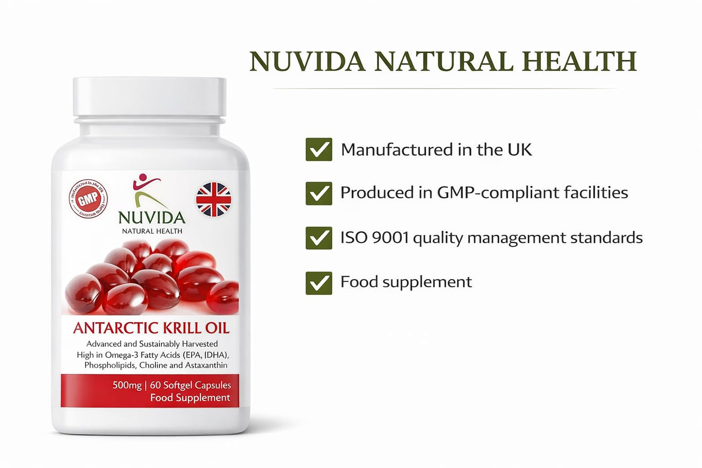 NUVIDA NATURAL HEALTH Krill Oil Capsules 500mg – Omega-3 Supplement with EPA & DHA – 1000mg per Serving – 60 Easy-Swallow Softgels – Sustainably Sourced