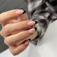 KQueenest 30 Pcs Black French Tip False Nails Short Medium Almond, French Tip False Nails Short Stiletto, Custom Thick Acrylic Fake Nails Set Natural Nude Gel Stick on Nail for Women Daily Wear