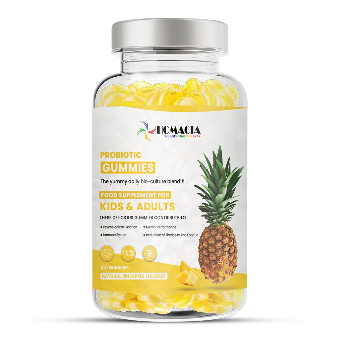 HOMACIA Quality That You love Homacia Kids Probiotic Gummies | 150 Probiotic Gummies for Kids & Adults | Natural Pineapple Flavour with Added Vitamins | Immune Booster for Kids | UK Manufactured Multivitamin Gummies