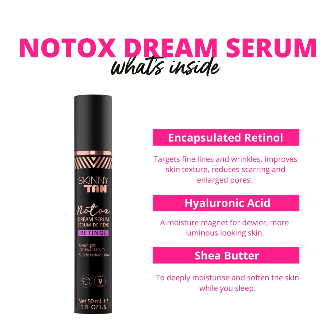 Skinny Tan Notox Retinol Dream Serum -Overnight Gradual Fake Tan Serum, Face Fake Tan with Anti-Ageing Retinol Serum for Natural Glow, Vegan & Cruelty-Free Skincare - 50ml