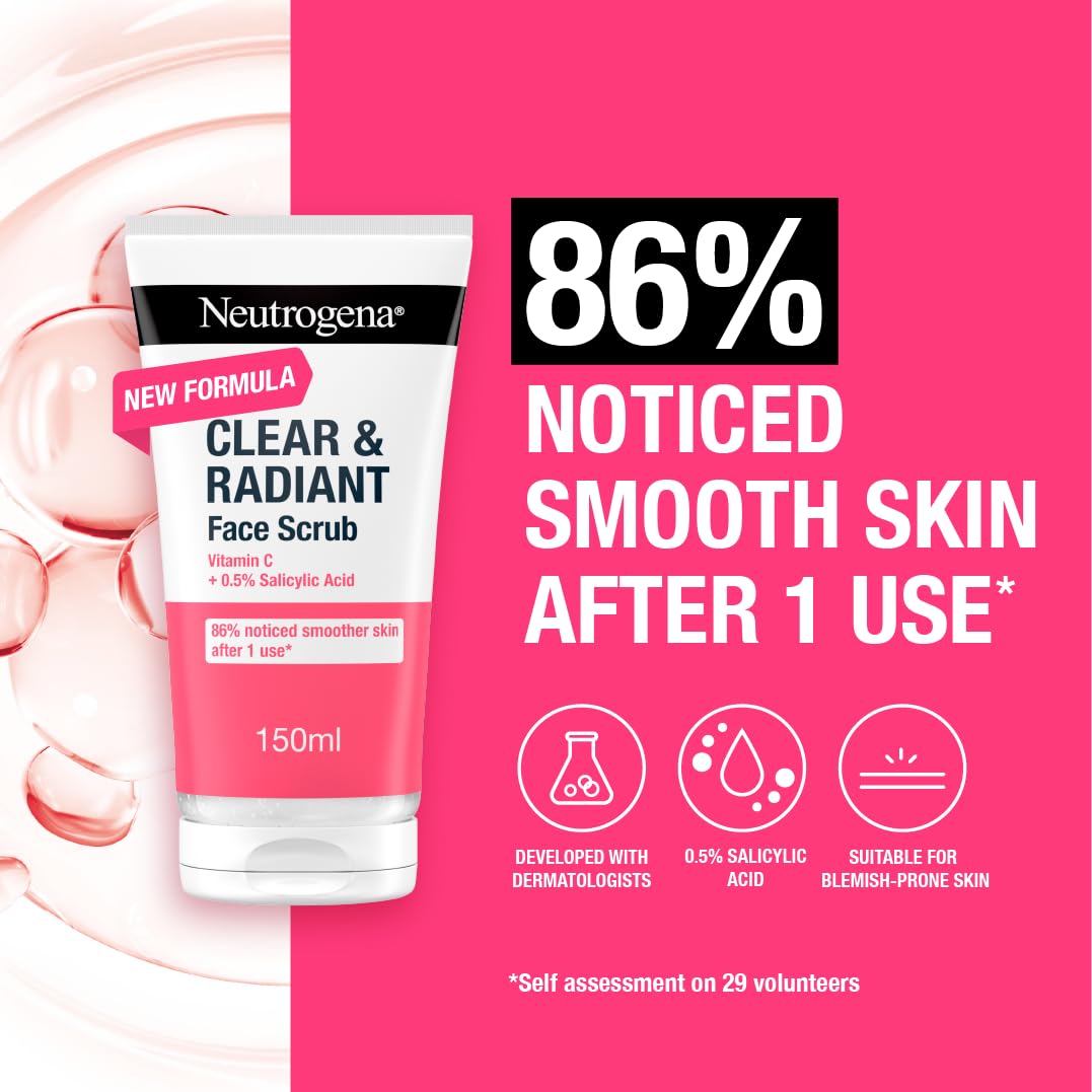 Neutrogena Clear & Radiant Face Scrub (1x 150ml), Purifying & Brightening Oil-Free Daily Exfoliator with Vitamin C and 0.5% Salicylic Acid, Suitable for Blemish-Prone for Clearer Radiant Complexion