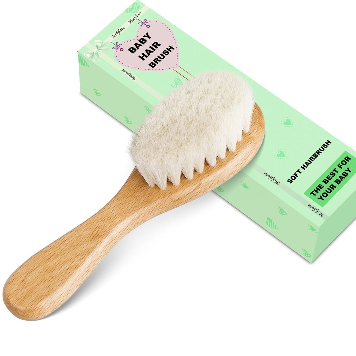 Molylove Baby Hair Brush with Wooden Handle and Super Soft Goat Bristles for Newborns, Infant, Toddlers, Kids