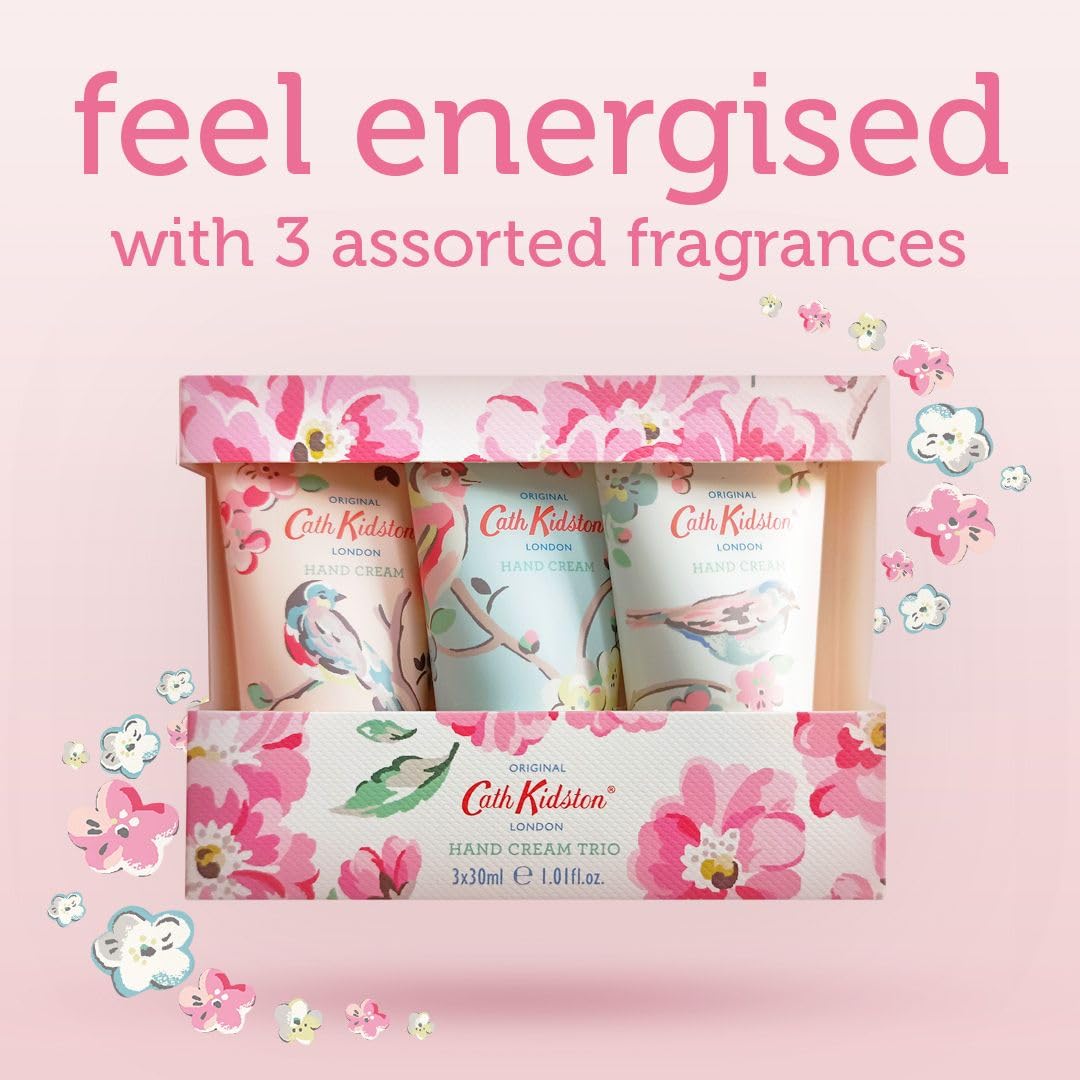 Cath Kidston Hand Cream 3x 30ml, Shea Butter, 3 Fragrances, Hand Care Moisturiser, Pocket and Travel Size, Vegan and Cruelty Friendly, Beauty Gift For Her, Blossom Birds Collection