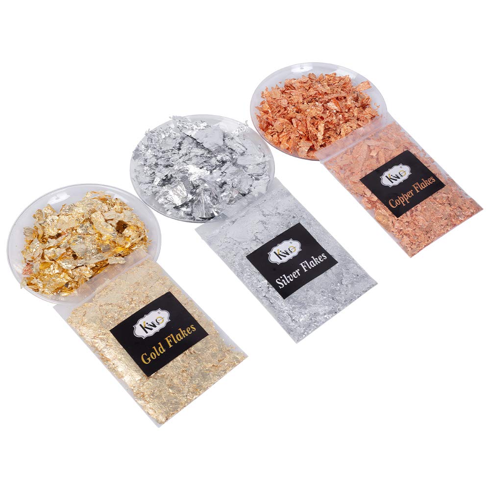 KINNO Gold Leaf Flakes, Gold Foil 3 Sets Gold Leaf for Nails, Art and Craft, Furniture, Gilding, Painting, Resin Jewelry(1g Copper Leaf Sheets + 1g Silver Leaf Sheets + 1g Rose Gold Sheets)