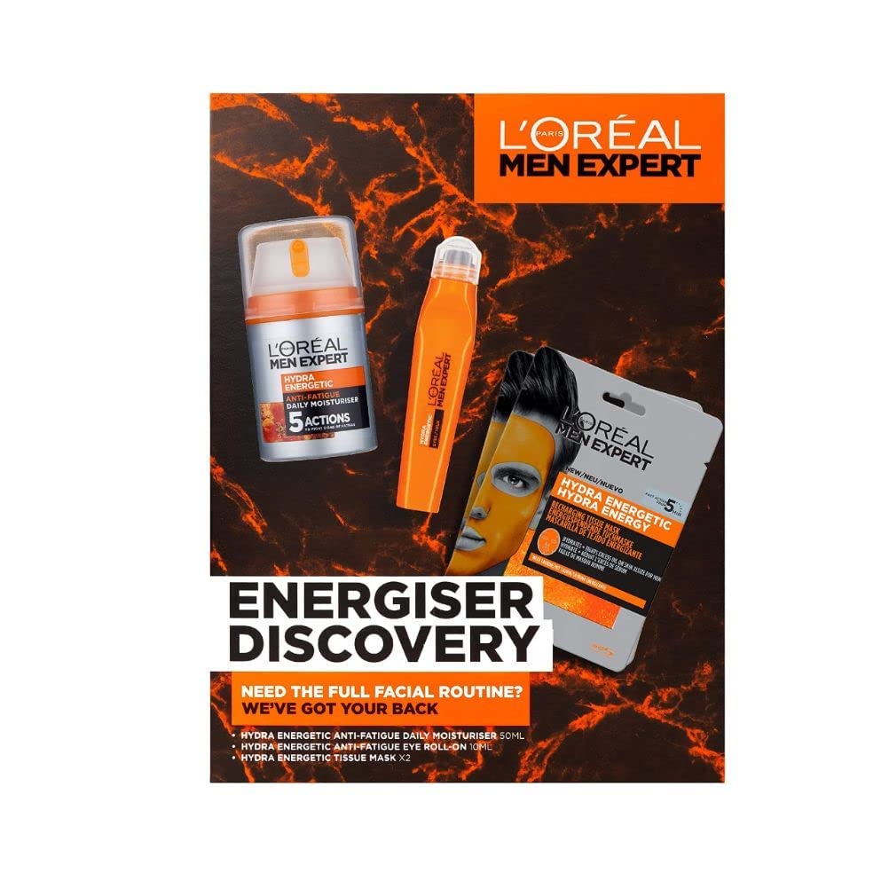 L'Oreal Men Expert L’Oreal Men Expert Energiser Discovery Gift Set, Men’s Skincare Gift For Him Featuring: Hydra Energetic Vitamin C Anti-Fatigue Moisturiser [50ml], Anti-Fatigue Eye Roll-On [10ml] and Sheet Mask x2