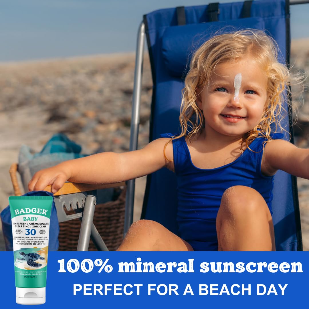 Badger Baby & Toddler Mineral Sunscreen SPF 30 | Broad Spectrum UVA/UVB Protection | Pediatrician-Tested | Chamomile & Calendula | Sensitive Skin Safe | Water Resistant Sun Lotion (87ml)