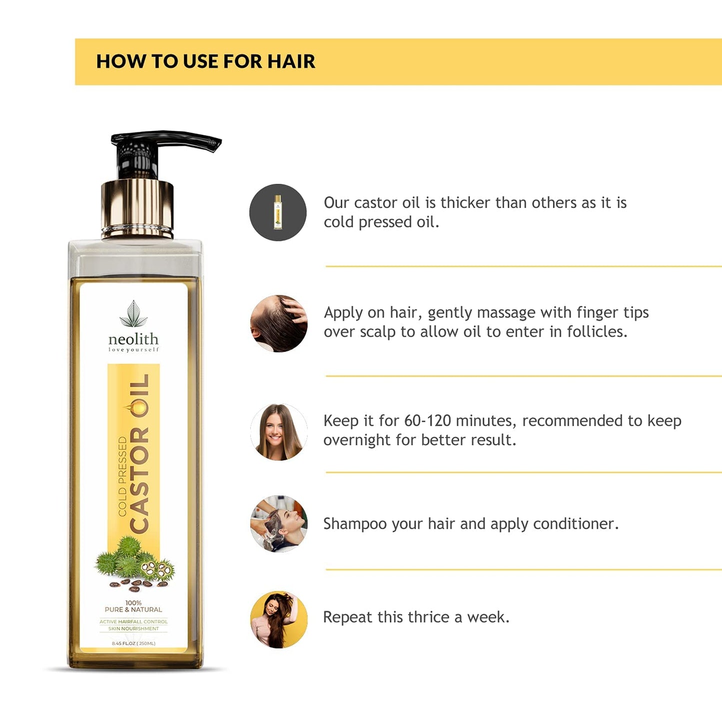 Neolith 100% Organic, Virgin Grade Cold Pressed Castor Oil, Non GMO, Hexan free- For Hair care, Skin care for Dry skin, Eyelashes, Eyebrows, Beard oil, Massage oil, Lash Growth 250 ml