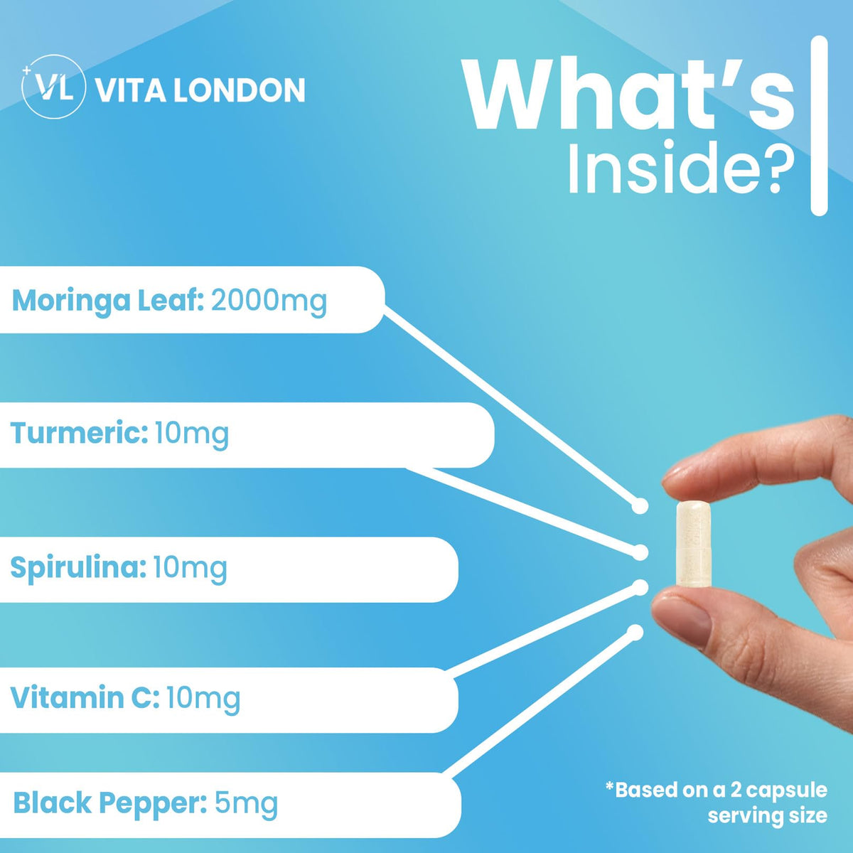 VL Vita London Moringa Leaf Capsules 2000mg | Added Vitamin C + Turmeric + Spirulina + Black Pepper | High Strength Supplements for Men & Women | 60 Vegan Capsules (Not Powder, Tablets of Gummies)