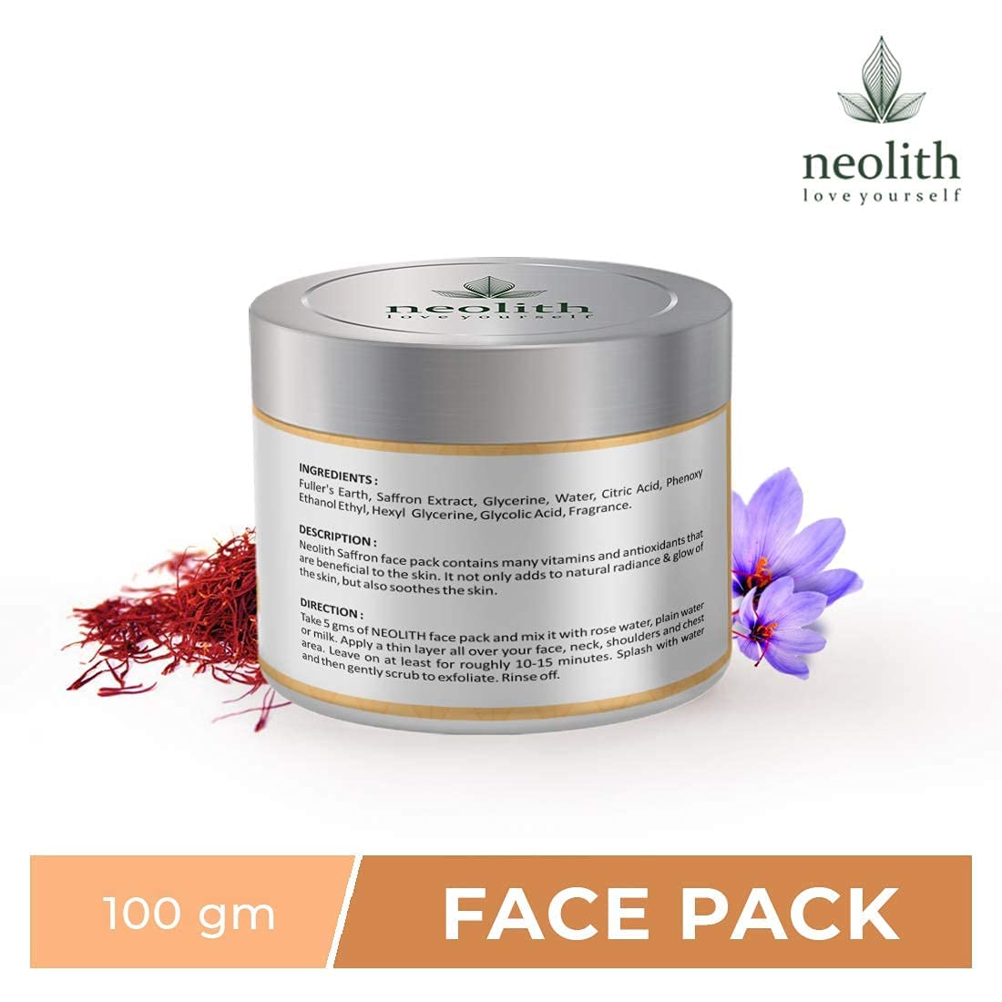 Neolith Saffron Face Pack | Skin Brightening clay face mask for glowing skin, oil control, acne control | Organic & Natural | Hydrating clay | No harmful chemical, No paraben, No Mineral oil