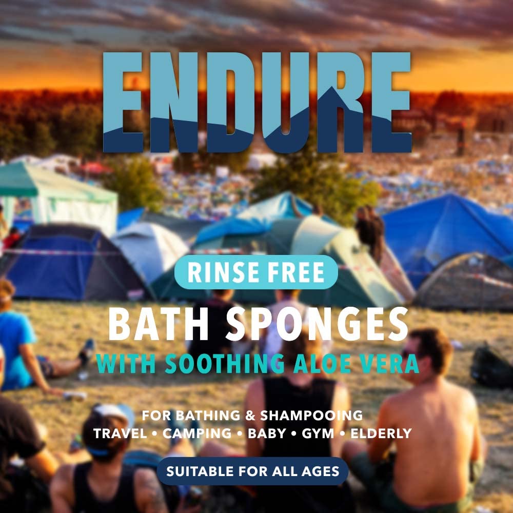 Endure Rinse Free Bath Shower Sponge - Body Wash Wipes for Bathing - Perfect for Camping, Festivals, Gym and Travel - Dry Sponge Wipes with Gentle Cleansing Soap. Just add Water (25 Per Pack).