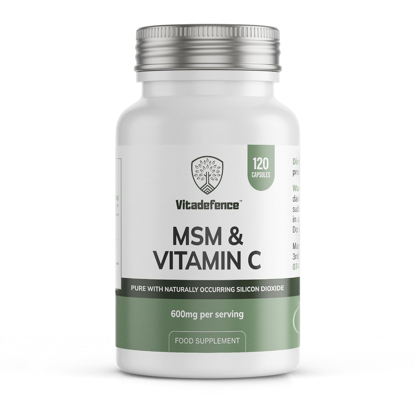 Vitadefence MSM & Vitamin C Supplement, 120 Capsules, 600mg per Serving, with Naturally Occurring Silicon Dioxide