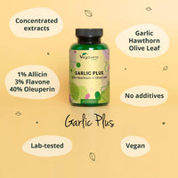 Vegavero Hawthorn Garlic Supplement | NO Additives | with Olive Leaf Extract | 4 mg Allicin | Lab-Tested & Non-GMO | 90 Capsules | Vegan