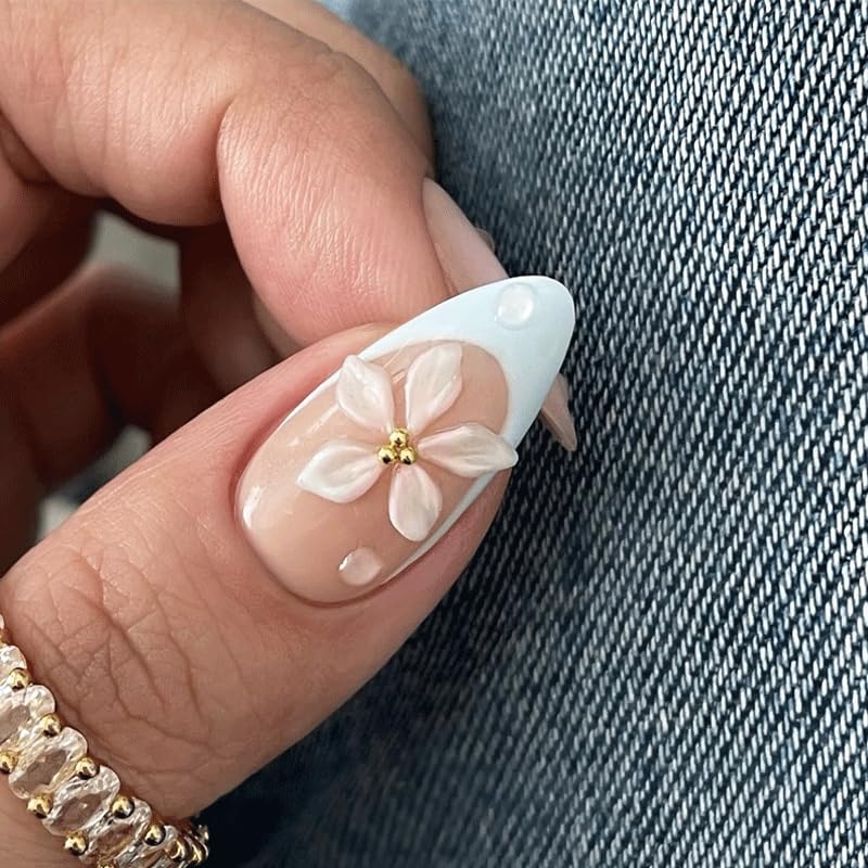 Nymora 24PCS Blue White Press On Nails, 3D Flower & Pearl Design for Summer, Medium False Nails Blue White French Lace