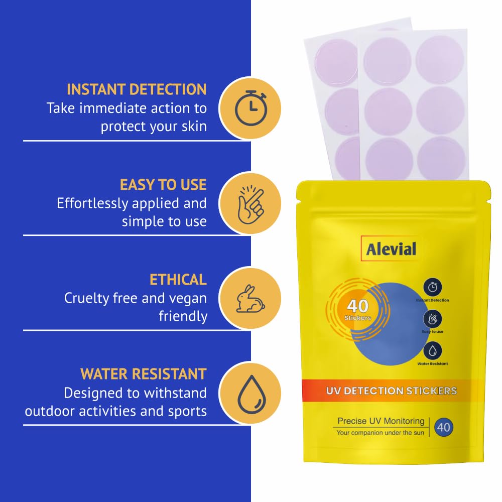Alevial UV Detection Stickers for Sunscreen Reapply Reminder, Suitable for Kids & Adults, 40 Pack Sticker Patches, Sun Cream Instant Monitoring, Improved Formula