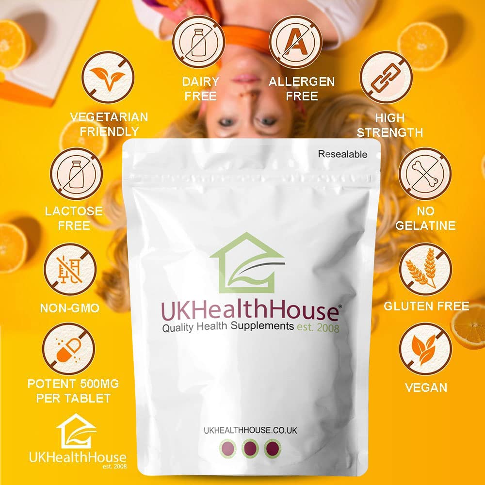 UKHealthHouse Vitamin C Tablets 500mg x 120 - Vegan, High Strength, Immune System Support, Reduction in Tiredness & Fatigue, Skin, Bone, Teeth Health