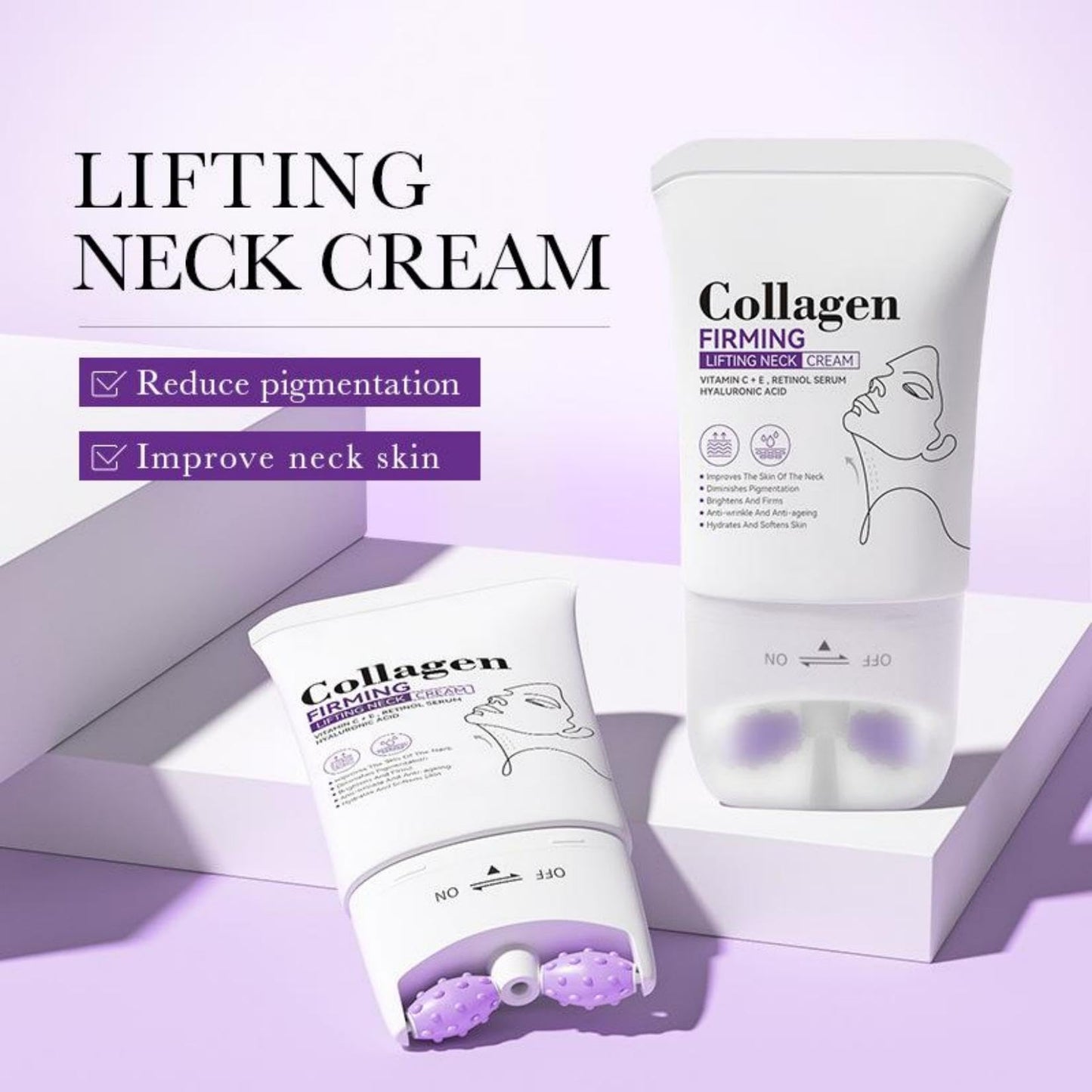 Skin Tightening Cream with Collagen & Retinol Firms Neck Skin Reduces Fine Lines Double Chin Dual Roller Massage Design for All Skin Types