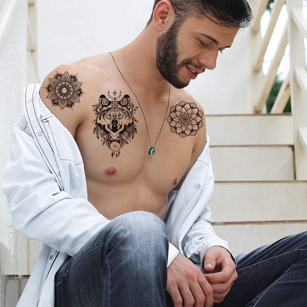 rainday 8 Sheets Black Temporary Tattoo Stickers Art Stickes For Adults Women Girls Lace Feather Mandala Flower Lion Large Big Arm Tattoo Stickers Body Sticker