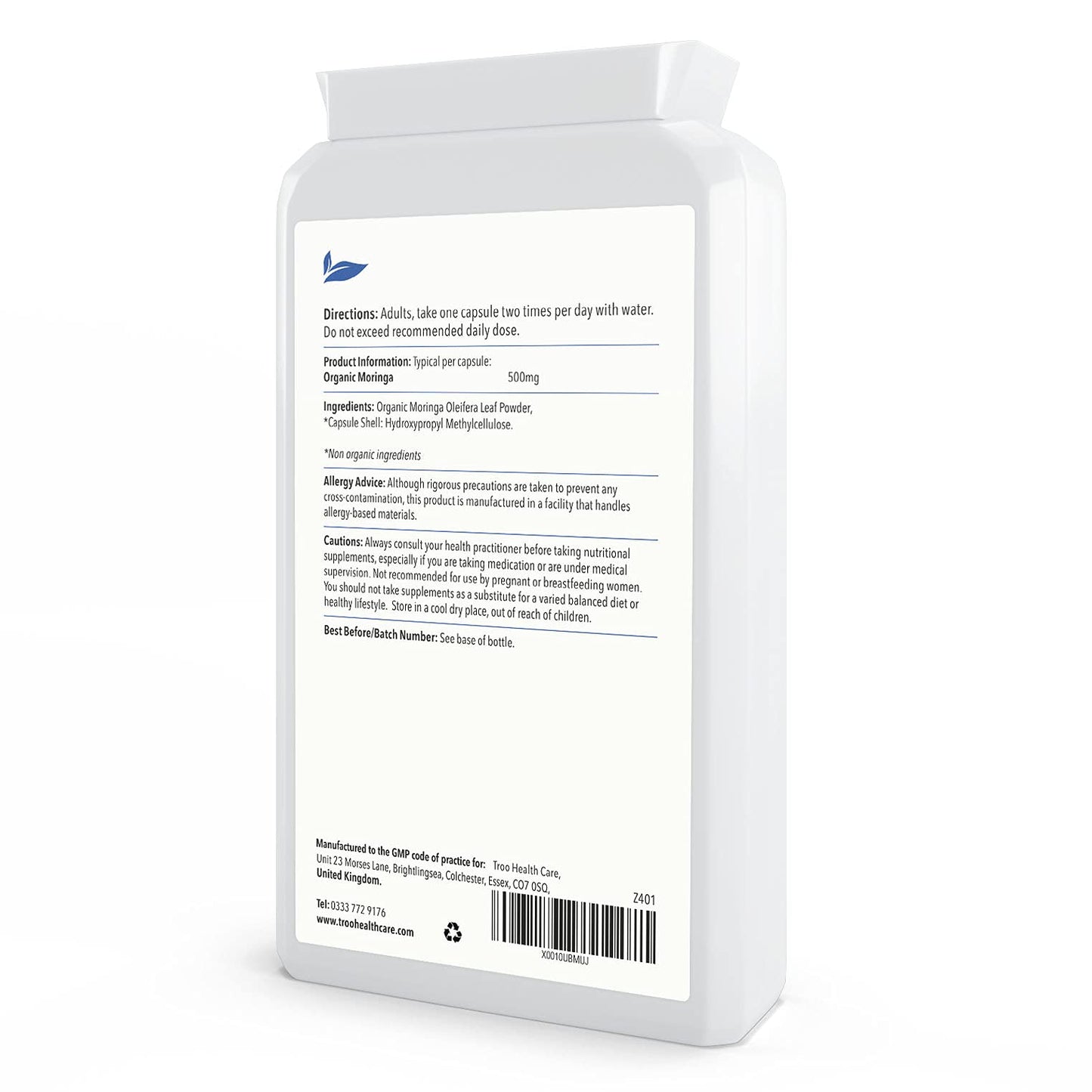 Troo Health Care Troo Organic Moringa Oleifera Supplement - 1000mg Per Serving 120 Capsules - Pure Moringa Leaf Powder Rich in Vitamins & Amino Acids - Suitable for Vegans