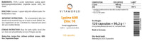 Vita World Lysin 600 + zinc 10 l 120 Capsules l Vegan l Pure lysin and zinc – no unwanted substances