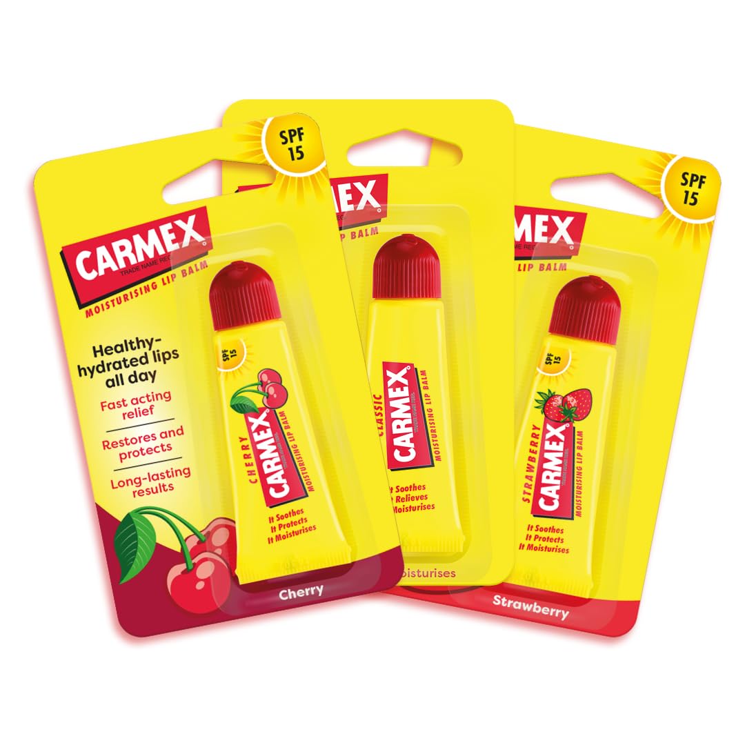 Carmex Cherry, Classic & Strawberry Tube 3-Pieces Mixed Pack SPF15, 10 g (Pack of 3)