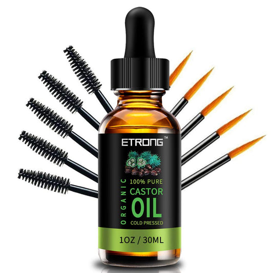 ETRONG Organic Castor Oil,Pure Cold Pressed Castor Oil for Eyebrows,Eyelashes,Hair Growth,Nails,and Skin with 5 Sets of Eyebrow&Eyeliner Brushes (30ml)