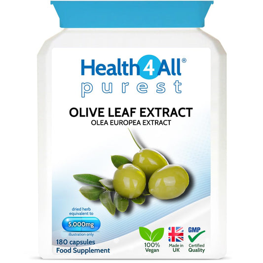 Health4All Olive Leaf Extract 180 Capsules. 20% Oleuropein, Purest, No Additives, Vegan, Non-GMO, Gluten Free Antioxidant Supplement for Immune Support, Blood Pressure and Cholesterol Support