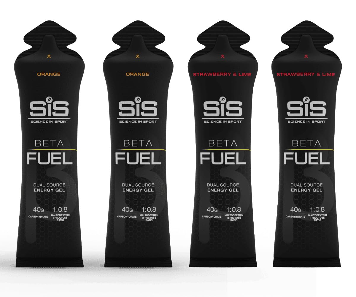 E-TAIL 24/7 SIS Beta Fuel Energy Gels for Cycling Running Triathlon - Dual-Source Carbohydrate Blend - 40 g of Carbs - Gluten-Free - Informed Sport Certified - 4 Pack (4 Pack, 2 Orange / 2 Strawberry Lime)