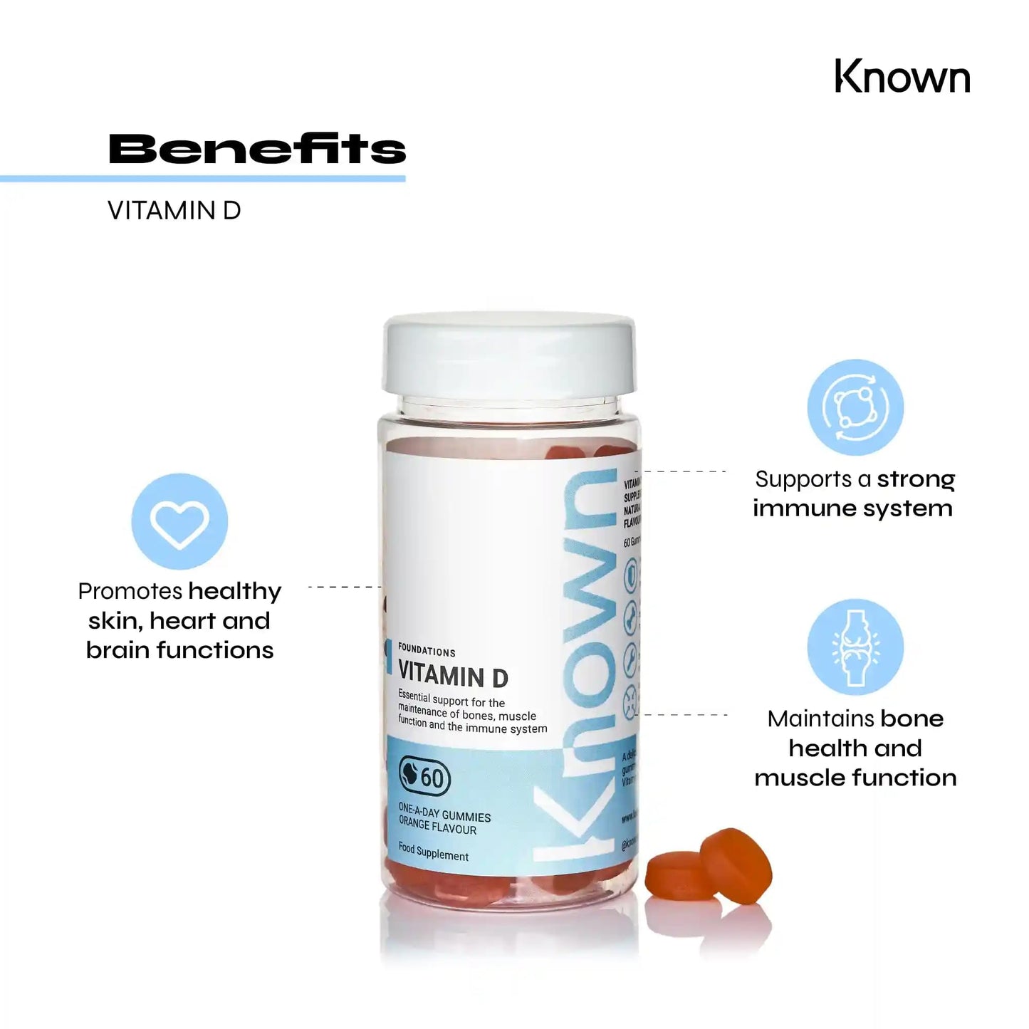 Vitamin D3 Gummies (2000IU) by Known | Essential Support for Your Bones, Muscles & Immune System | Delicious Natural Orange Flavour | 60 One-a-Day Vegetarian Vitamin Gummies (Two Months’ Supply) (1)