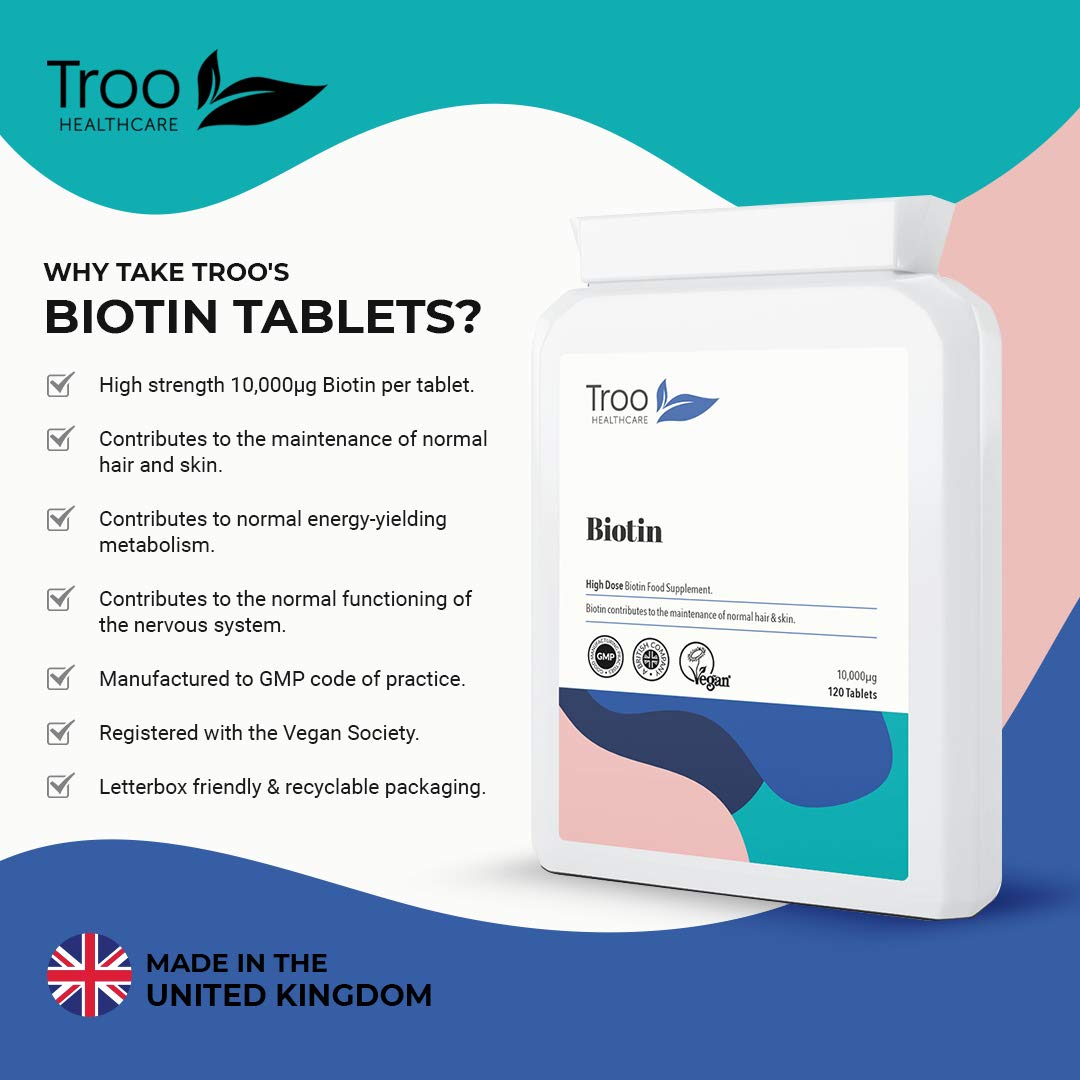 Troo Health Care Biotin 10000µg Supplement - 120 High Strength 10000 mcg Vitamin B7 Tablets for Hair Skin and Nail Support - UK Manufactured to GMP Standards - 4 Month Supply