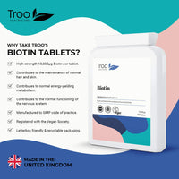 Troo Health Care Biotin 10000µg Supplement - 120 High Strength 10000 mcg Vitamin B7 Tablets for Hair Skin and Nail Support - UK Manufactured to GMP Standards - 4 Month Supply