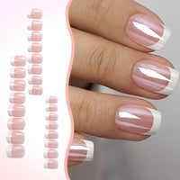 LunarCharm 24 Pieces White French Tip Press-on Nails, Short Square Artificial Nails, Pink Glue-on Nails, Full Coverage, Acrylic Artificial Nails, Reusable