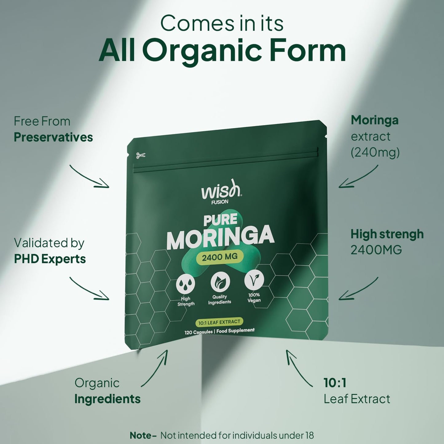 Wish Fusion Organic Moringa Capsules 2400mg, High Strength Pure Moringa Oleifera Leaf Powder, Rich in Antioxidants, Iron & Vitamins, Natural Energy Boost & Immune Support 120 Vegan Capsules