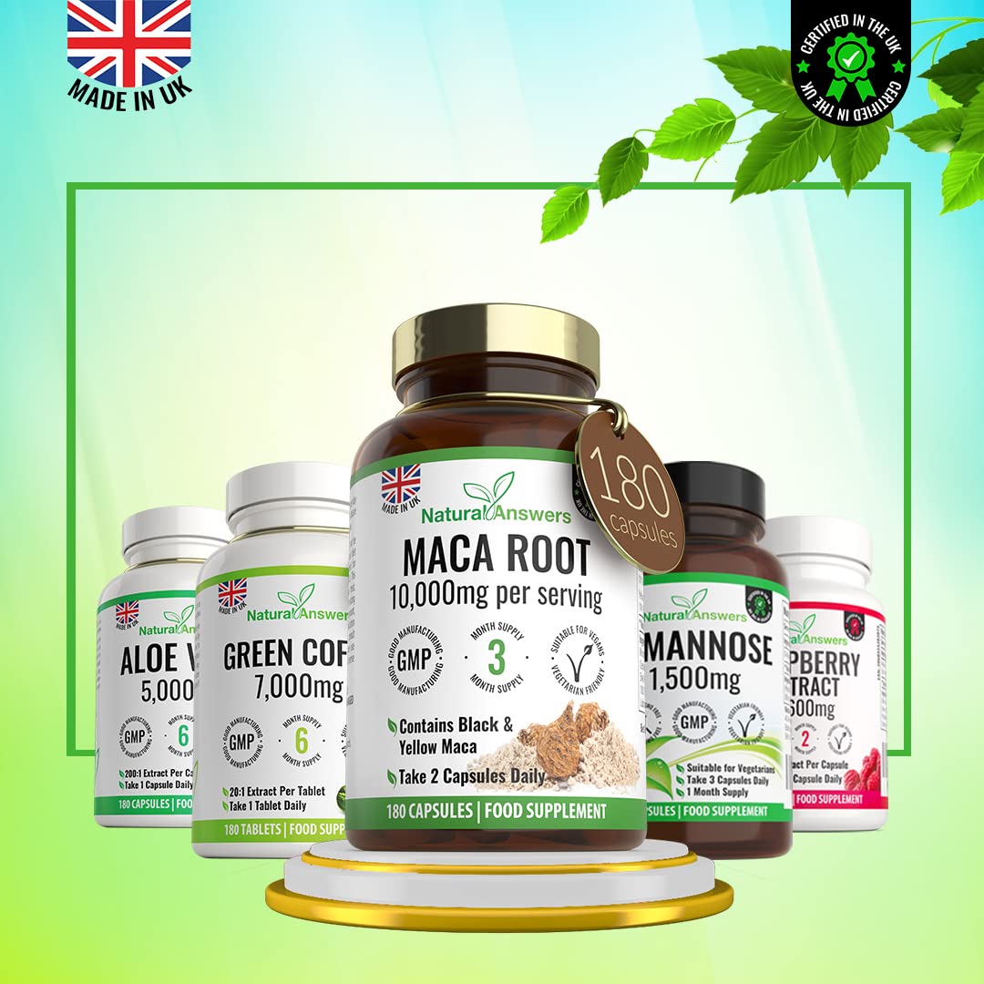 Natural Answers 180 Maca Root Capsules - (3 Months Supply) Vegan 10,000mg Maca Capsules - High Strength Peruvian Black & Yellow Maca Root - Made in The UK