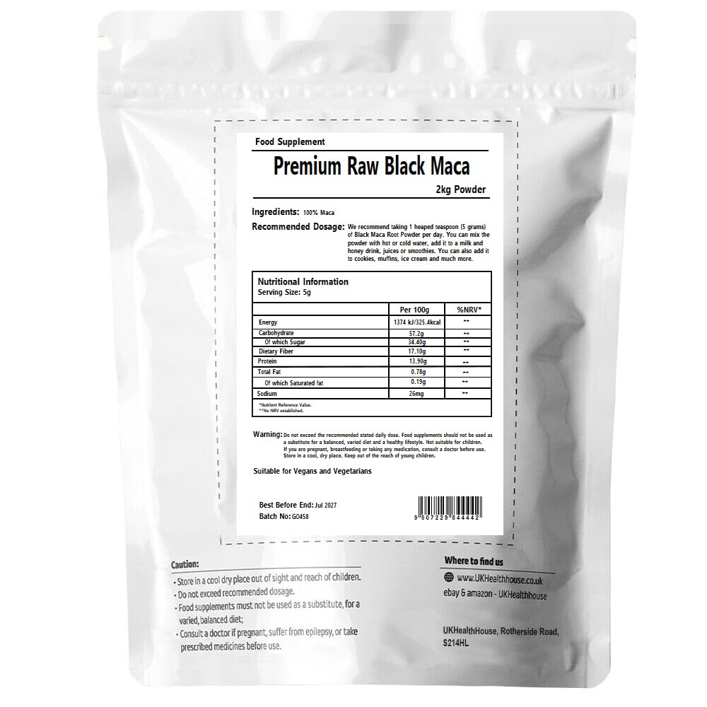 UKHealthHouse Black Maca Root Powder 100% Pure Peruvian Ginseng Maca Vegan Maca Root Powder High Strength Black Peruvian Maca Food Supplement UK (2kg)