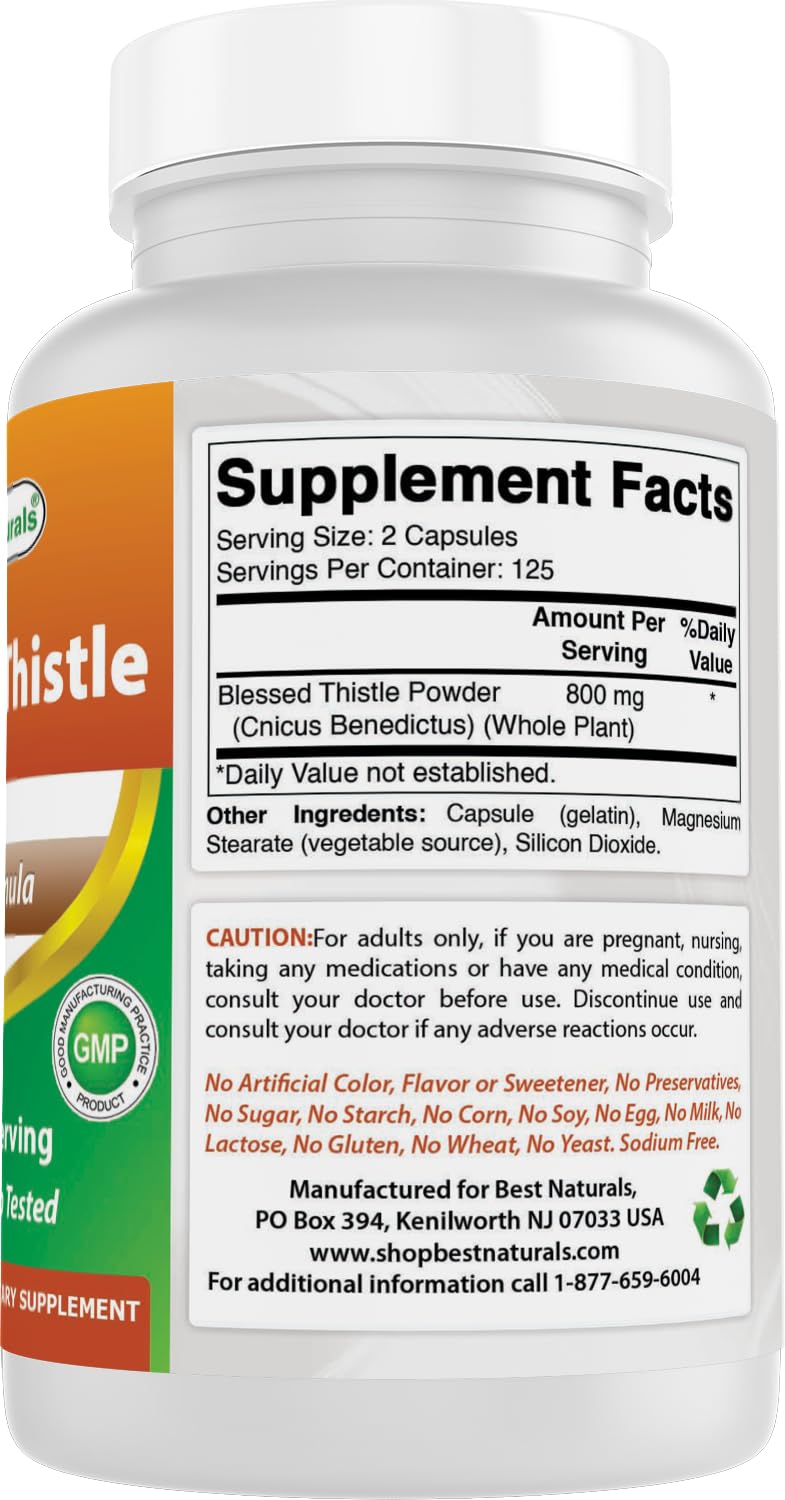 Best Naturals Blessed Thistle Breastfeeding Lactation Capsules - 800mg/Serving - 250 Count