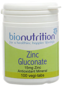Bio Nutrition Zinc Gluconate - 15mg Zinc - Antioxidant Mineral - 100 vegi-tabs