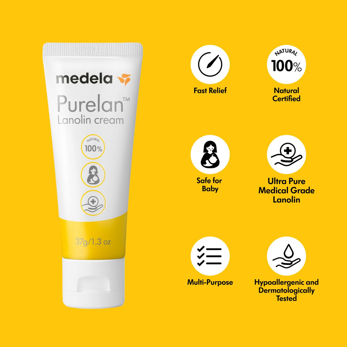 Medela Purelan Lanolin Nipple Cream, Fast Relief for Sore Nipples and Dry Skin, Made with Natural Ingredients, Hypoallergenic and Dermatologically Tested, Formulated Without Fragrance, 37 g