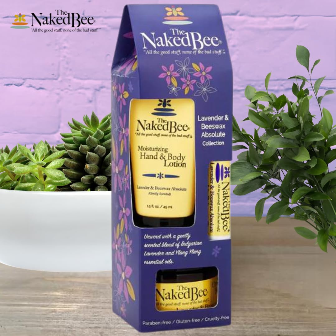 The Naked Bee Lavender & Beeswax Gift Collection. Body Butter, Body Lotion & Lip Balm Gift Set. Moisturising Body Care & Body Skin Care Collection. Moisturising Body Skincare Womens Gift Sets.