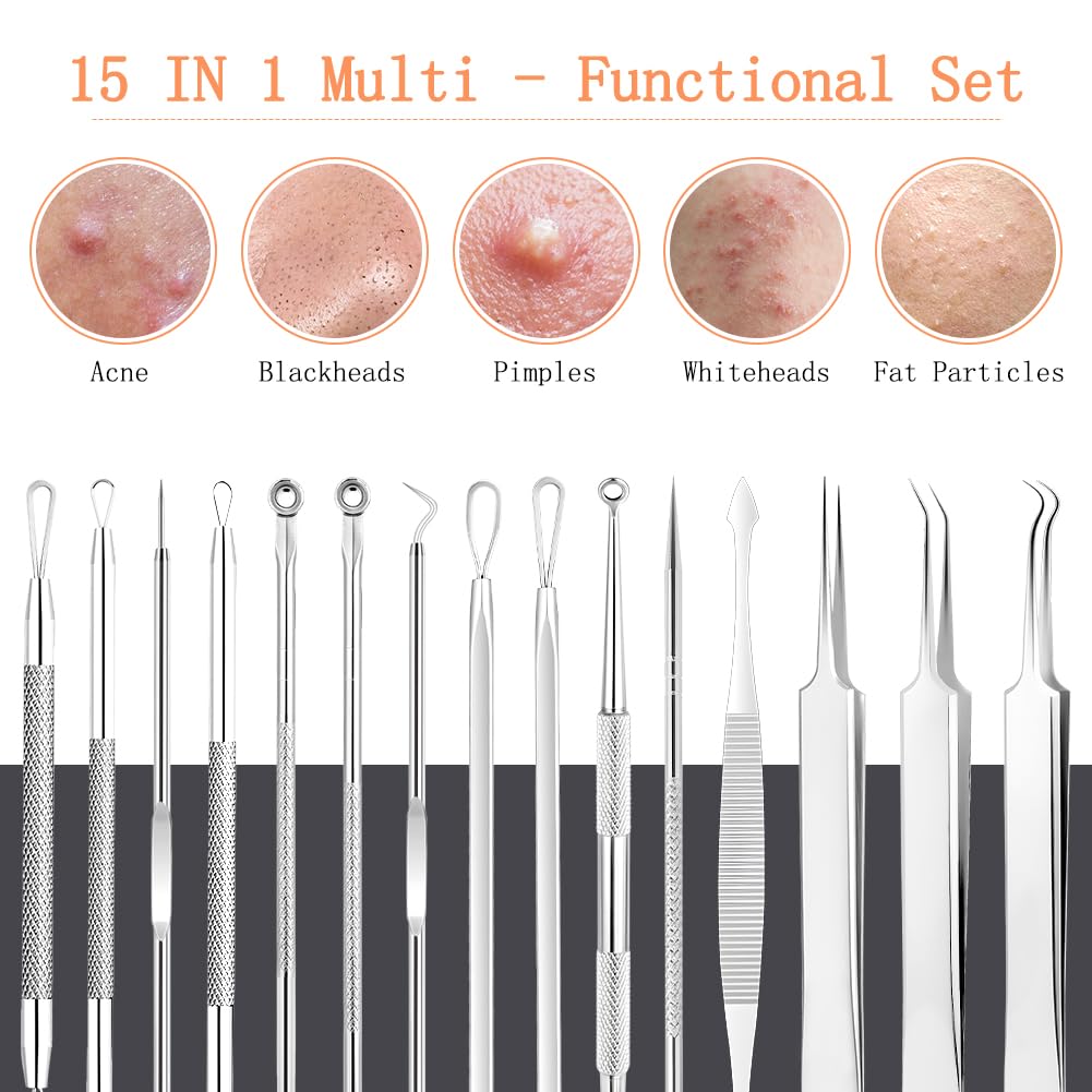 LOPHE Blackhead Remover Tool Kit, 15PCS Pimple Popper Tool Kit Stainless Steel Comedone Extractor Tweezers Acne Needle Pimple Popping Kit for Removing Pimple Blackheads Zit on Forehead Facial Nose