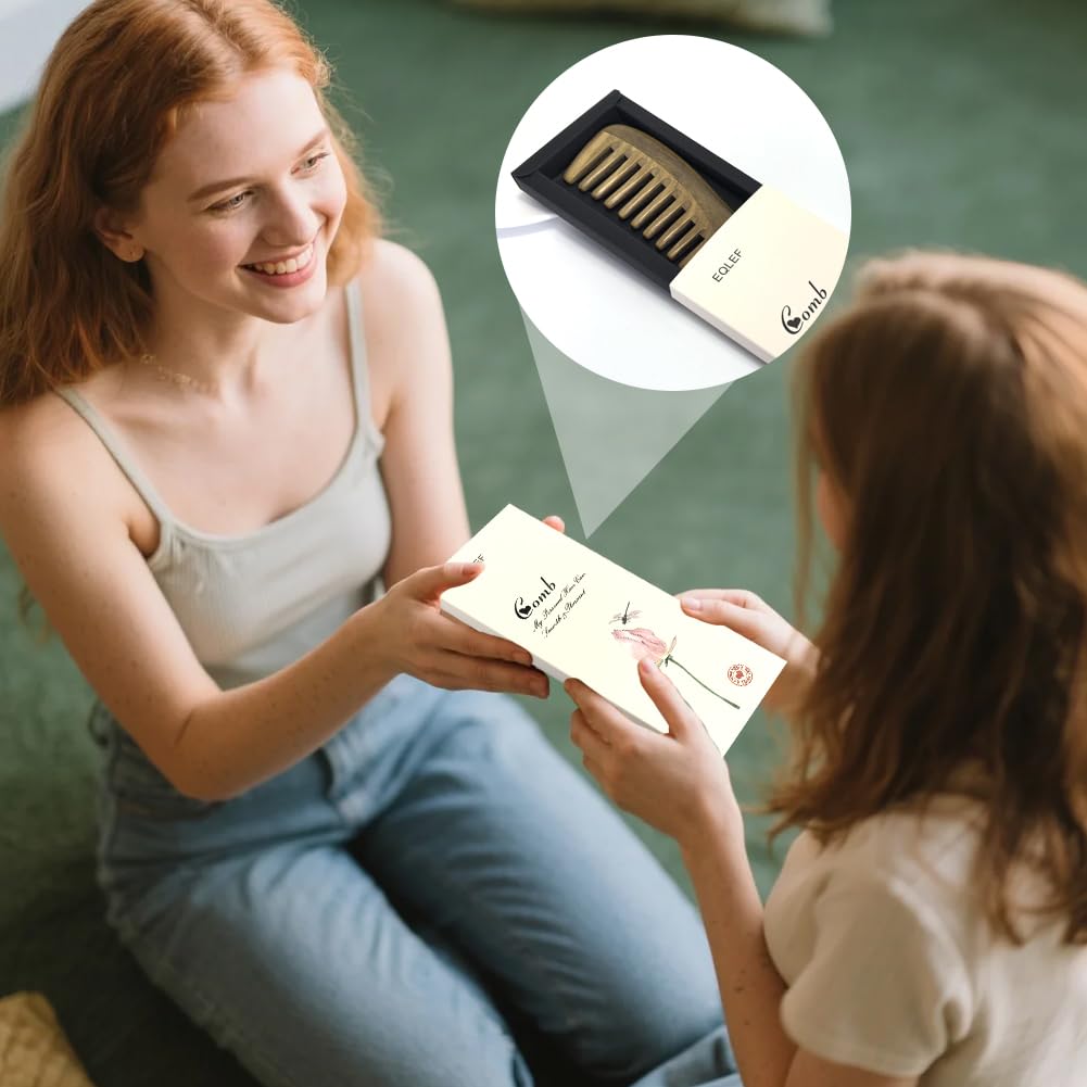 EQLEF Wide Tooth Comb for Curly & Thick Hair, Natural Green Sandalwood Wooden Detangling Comb with Handle Anti-Static Wooden Combs for Women & Men
