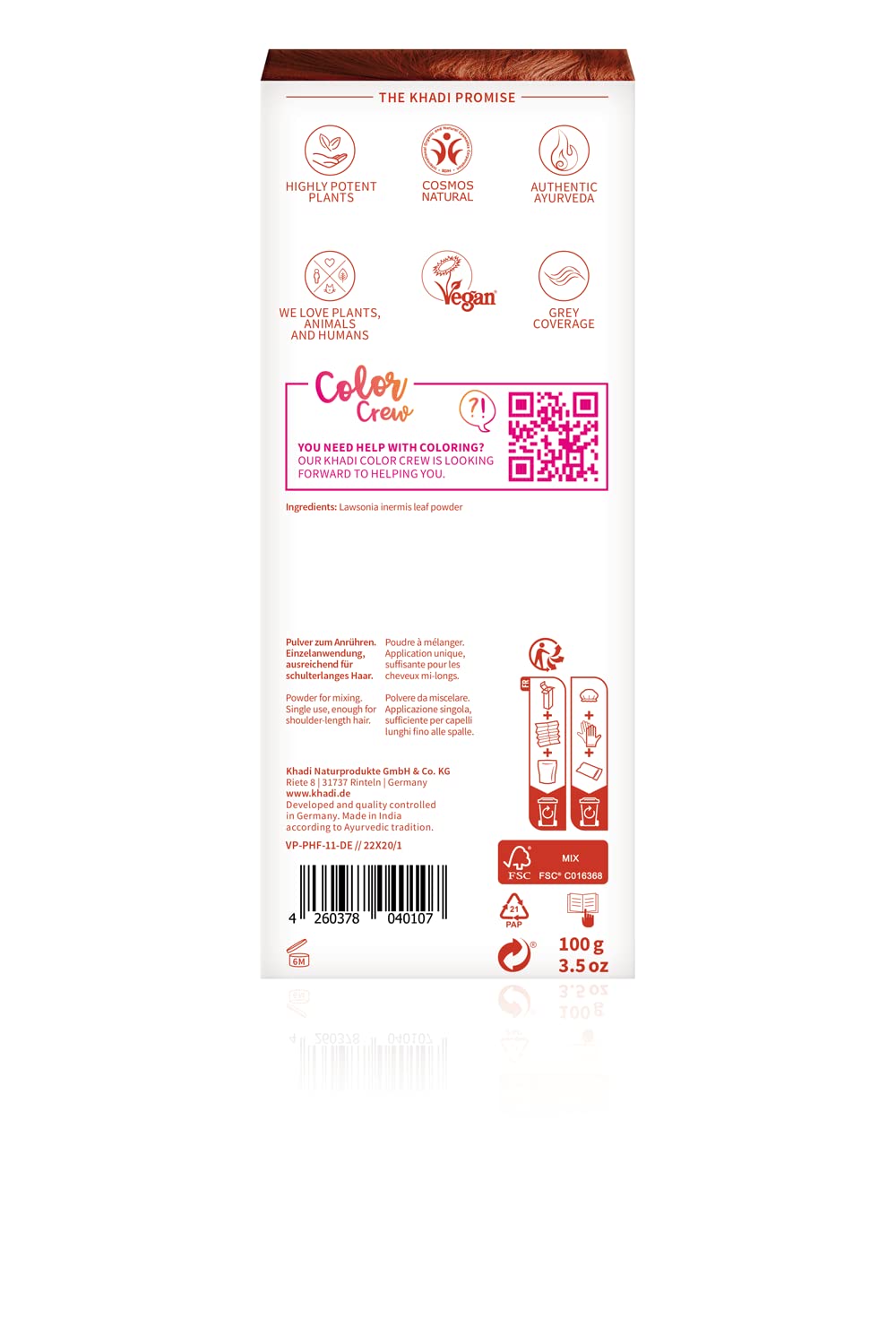 Khadi khadi Pure Henna Plant Hair Colour, Hair Colour for Exciting Orange Red to Intensively Bright Flame Red, Natural Hair Colour 100% Vegetable, Natural & Vegan, Natural Cosmetics, 100 g