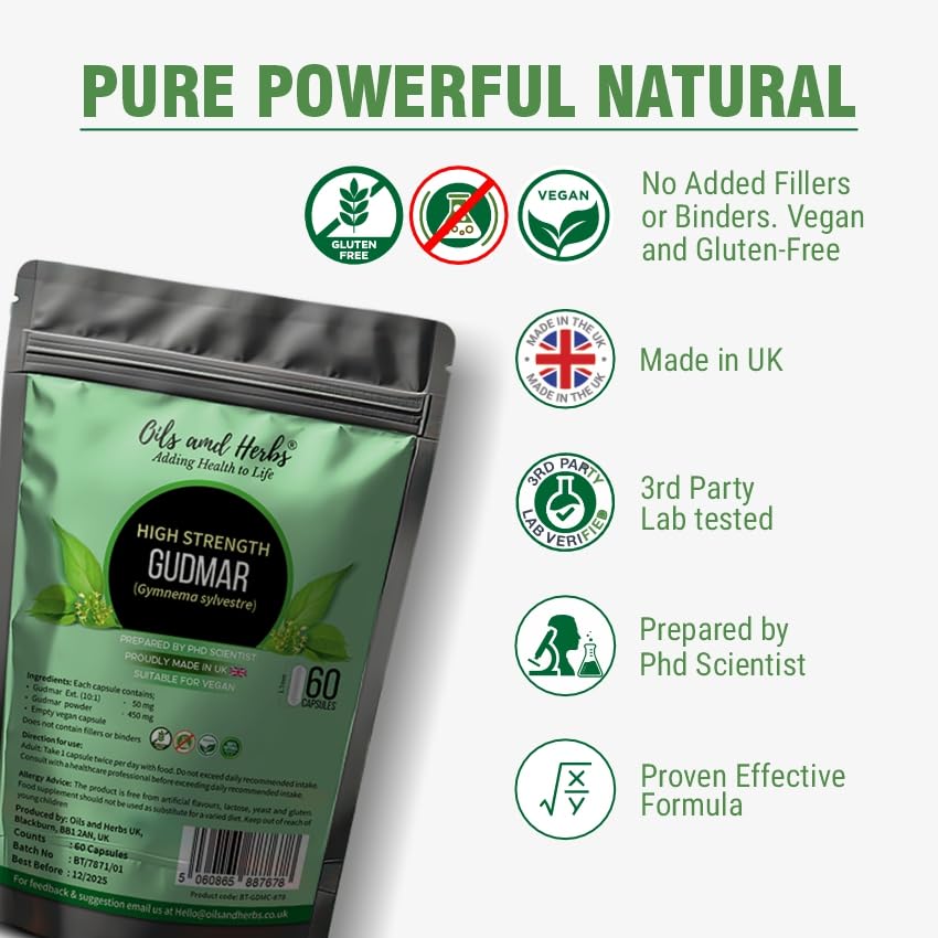 Oils and Herbs Adding Health to Life Super Strength Gudmar Capsules 1900MG – Gymnema Sylvestre Supplement – No Fillers or Binders – Made in UK – Vegan – 60 Capsules – Blood Sugar Support
