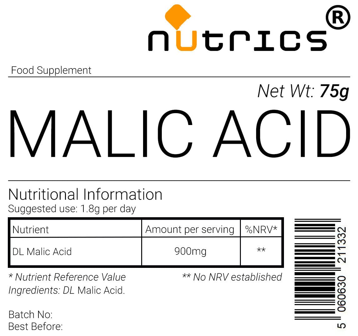Nutrics® 100% Pure Malic Acid Pharmaceutical Grade Vegan Powder 75g- Nutrics Superfoods